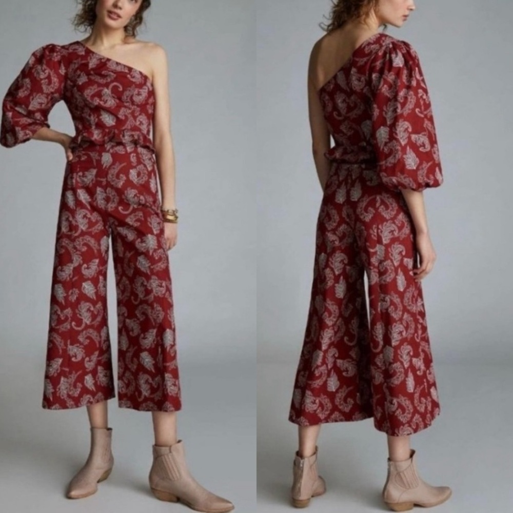 Anthropologie x Mare Mare One Shoulder Teresita 2 Piece Cropped Pant Set in Rust